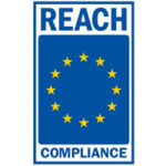 Blue and white REACH compliance logo featuring the EU flag with twelve yellow stars in a circle, the word "REACH" at the top, and "COMPLIANCE" at the bottom.