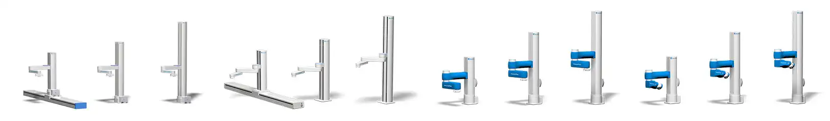 A series of industrial linear actuators and robotic arms with blue components, shown in various configurations on a white background.