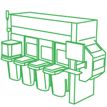 Line drawing of a multi-bin waste or recycling station with four bins, labeled screens, and a side attachment for hand sanitizer or a similar dispenser.
