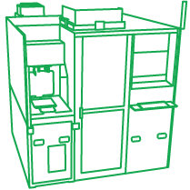 Green line drawing of an industrial machine with compartments, a door, trays, and control panels, viewed from an angle.