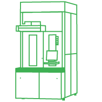 Green line drawing of an industrial machine with a display screen, control panel, and enclosed workspace, set against a plain white background.