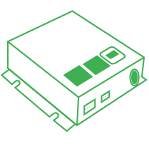 Simple line drawing of an electronic device with two square buttons, a circular port, and two rectangular ports on its side.